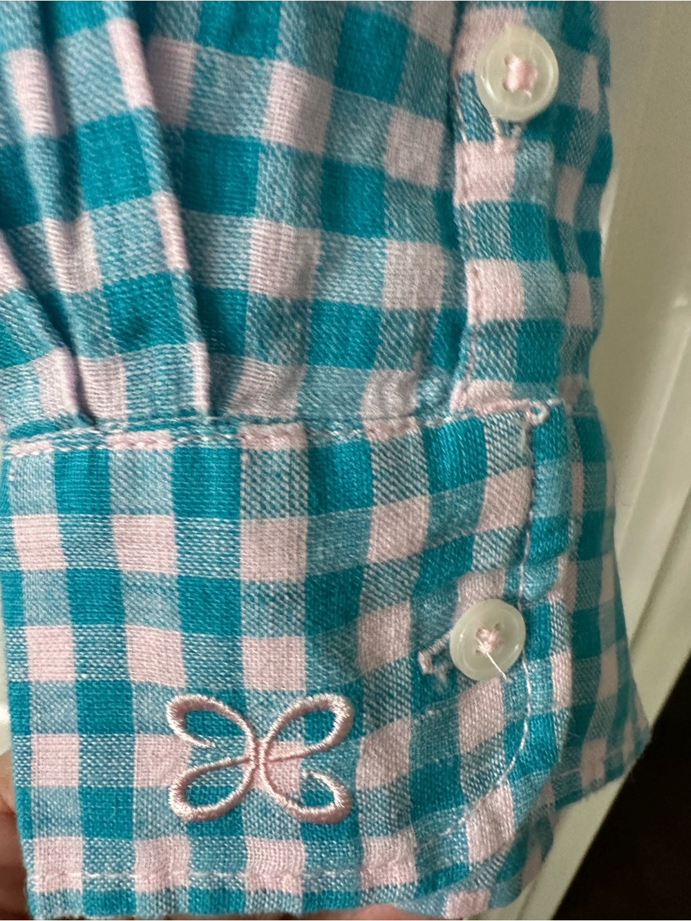 Maeve Linen Teal and White Gingham Button-Down Shirt Women - Picture 5 of 9